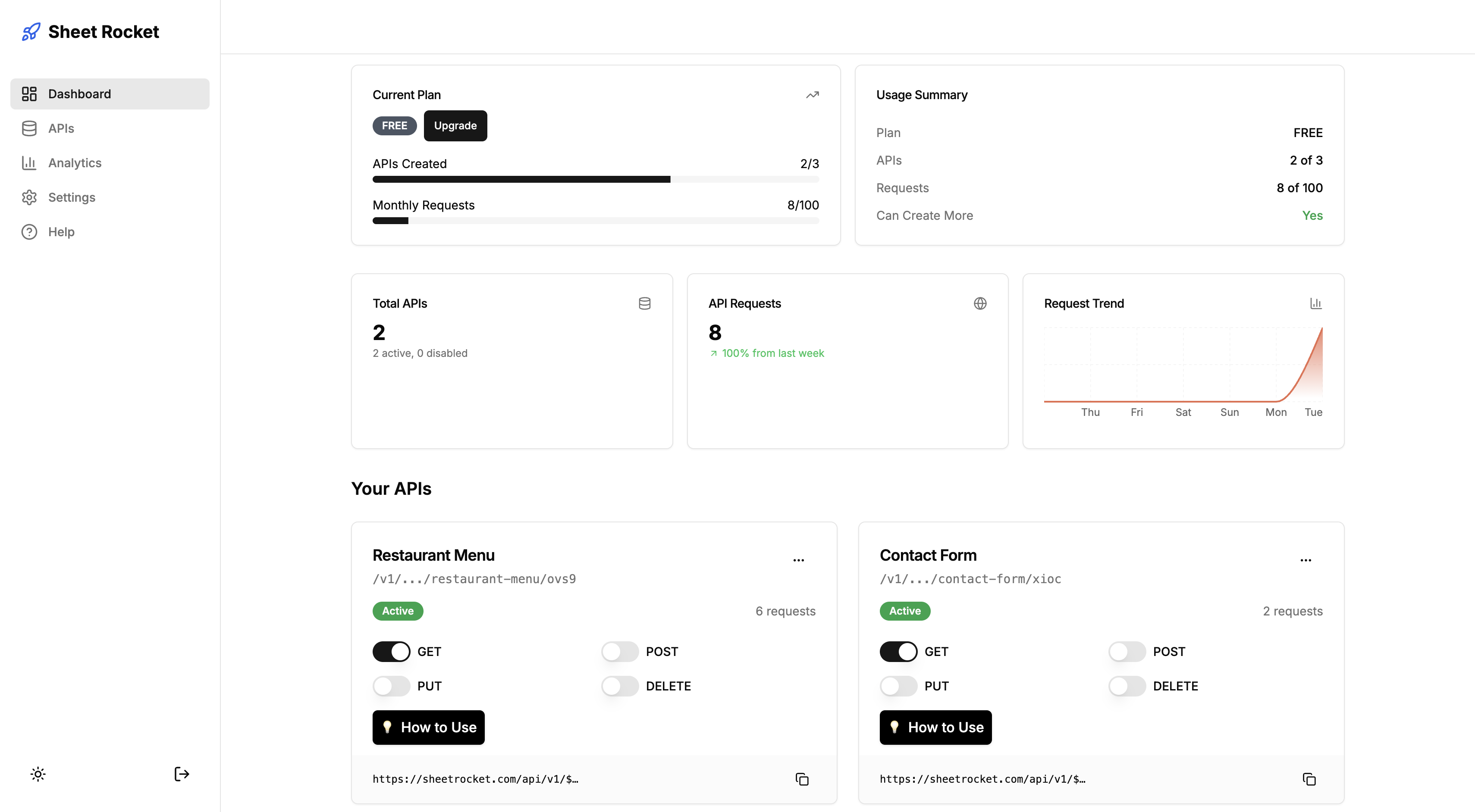 Sheet Rocket Dashboard showing API management interface with analytics, usage stats, and API endpoints