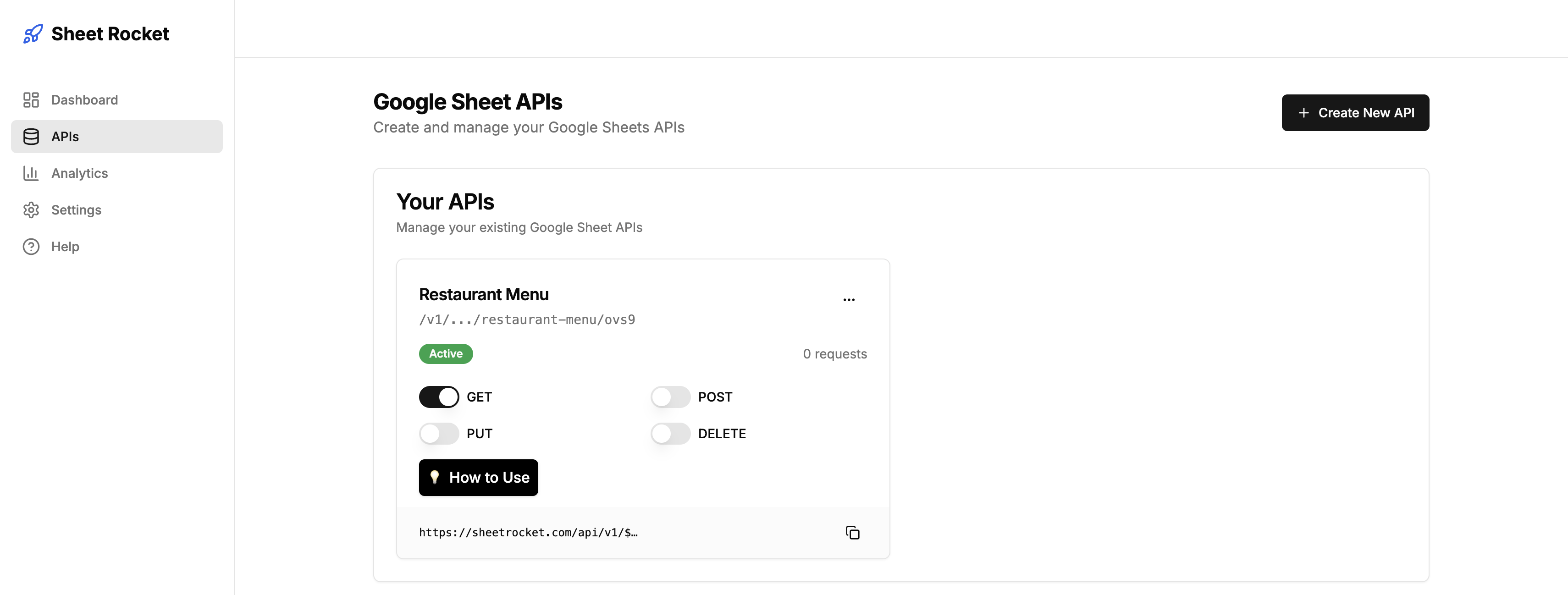 Successfully created API showing endpoint URL and configuration