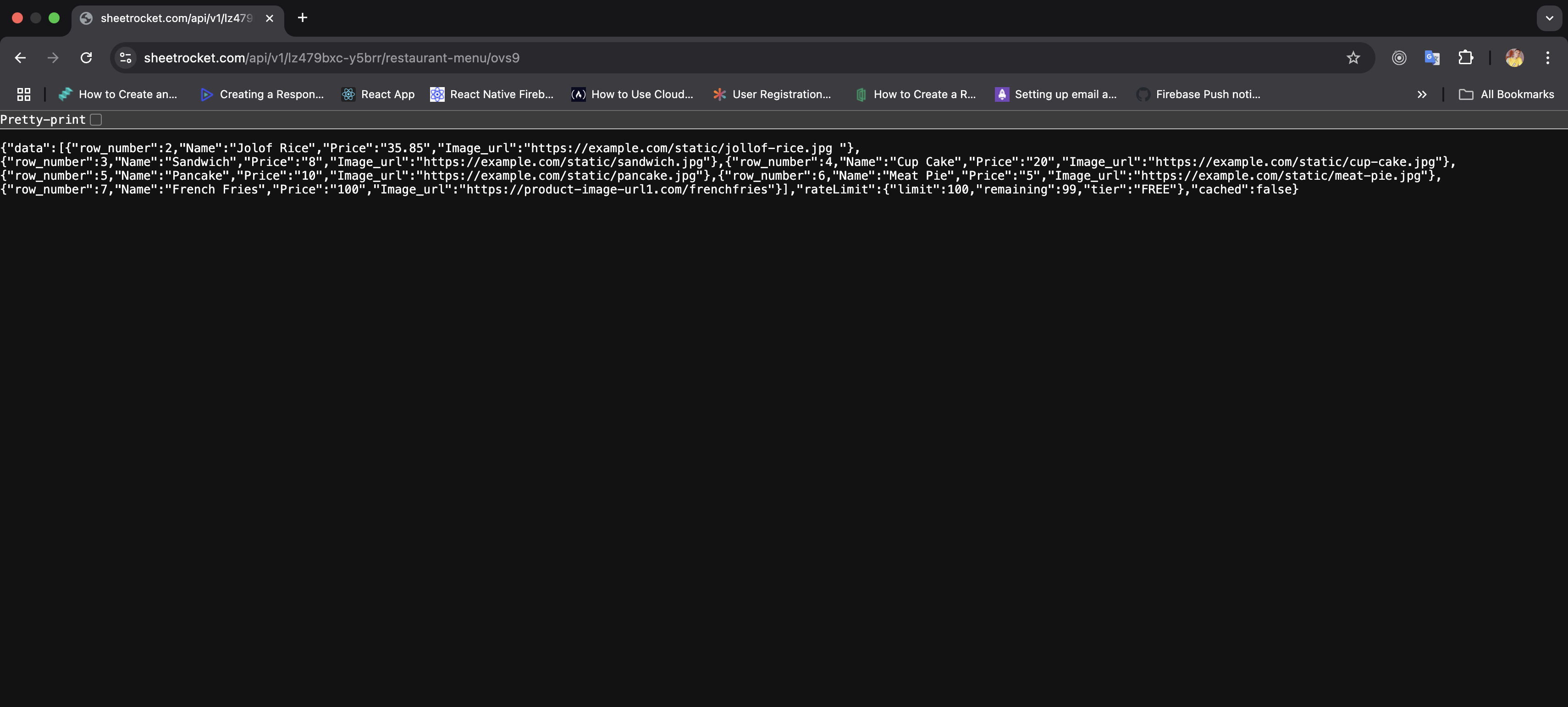 JSON API response showing structured data from Google Sheet