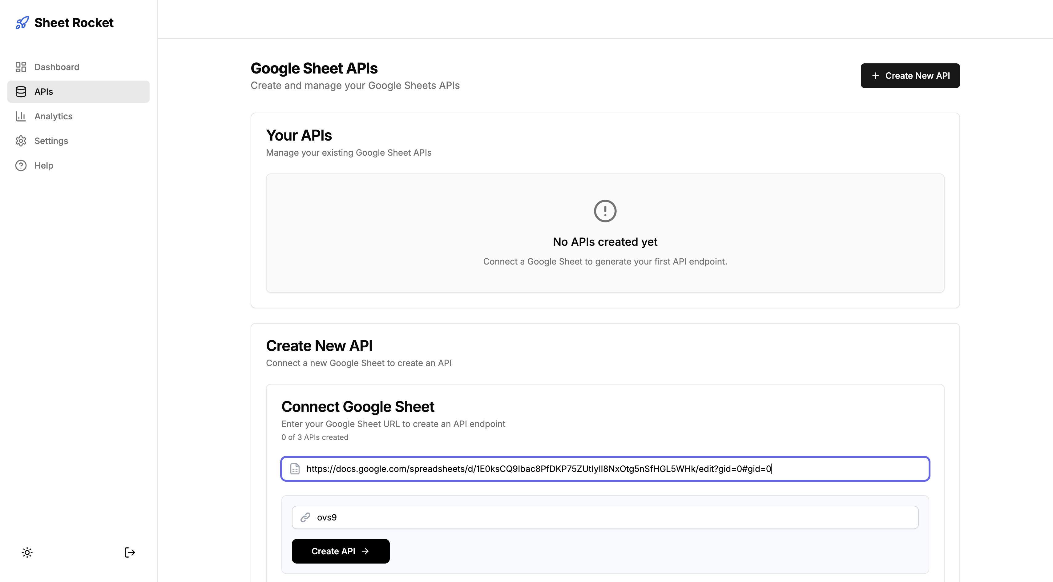 Sheet Rocket dashboard showing the API creation interface