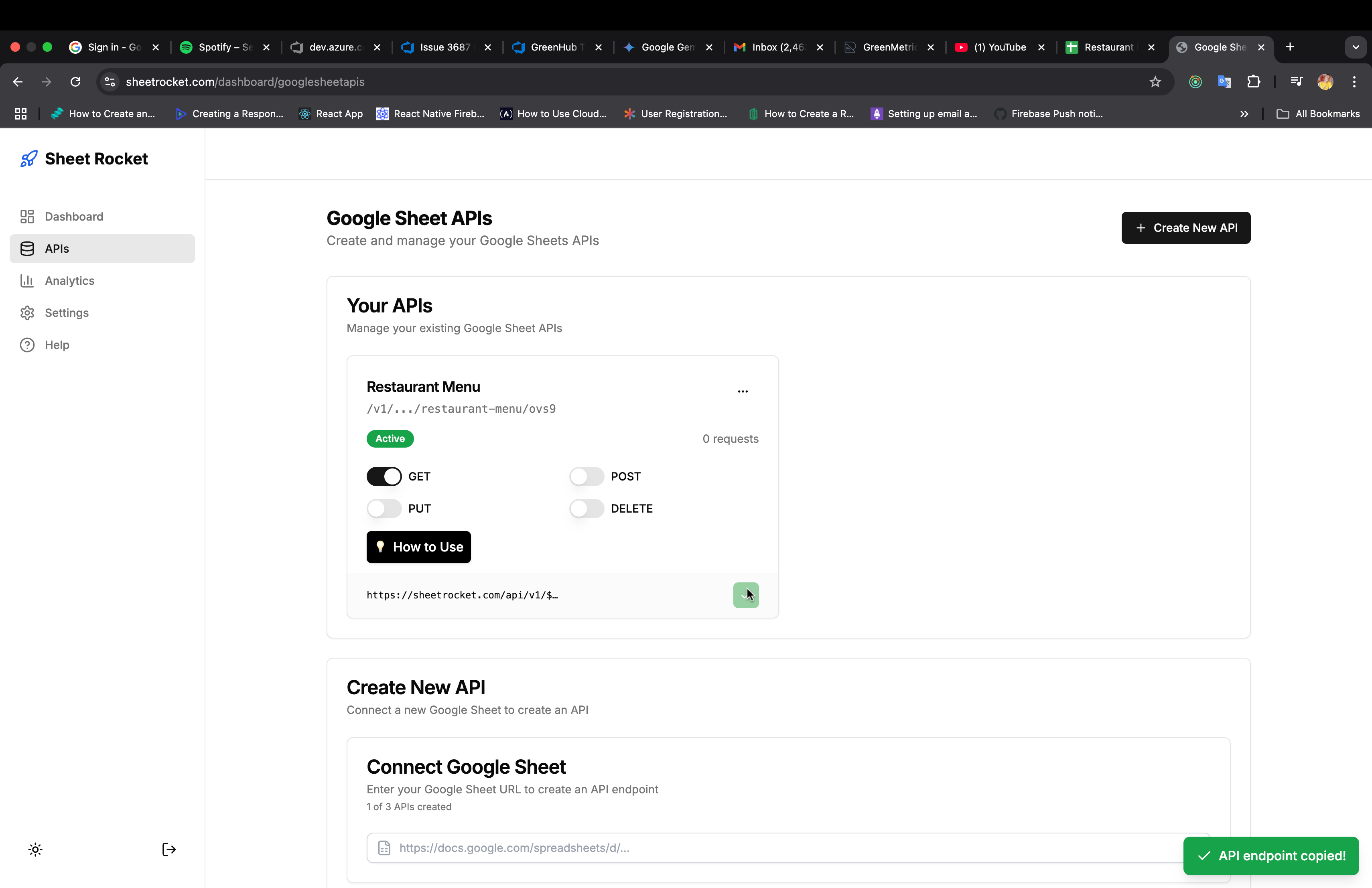 Dashboard showing API with configurable HTTP methods