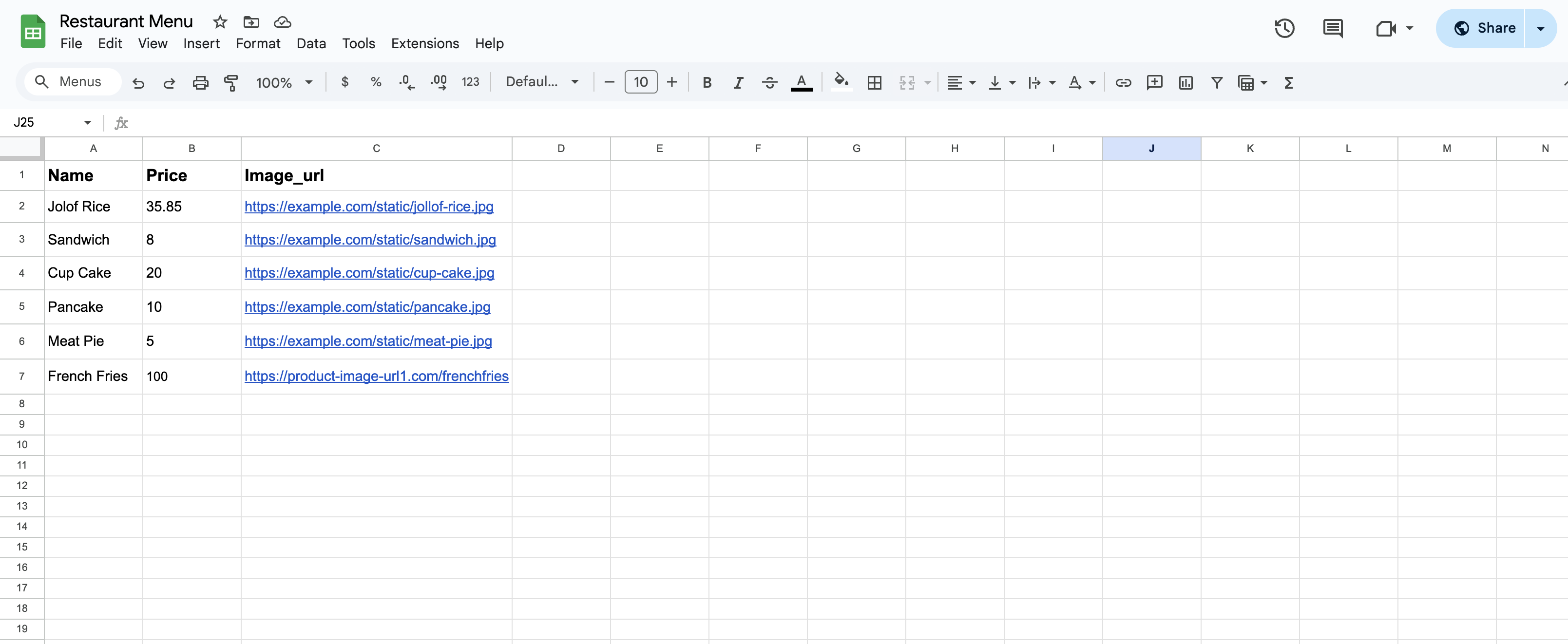 Google Sheet with proper header format showing Name, Price, and Image_url columns
